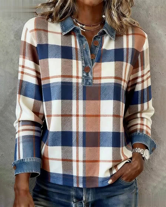 Bluzka casualowa z denimu w kratę patchworkową