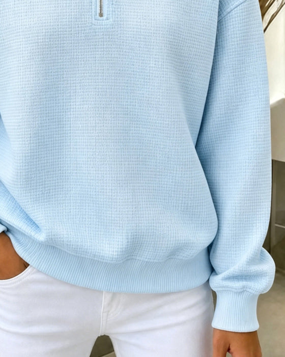 Sweatshirt Pół Zamek Błyskawiczny Wafel Długi Rękaw