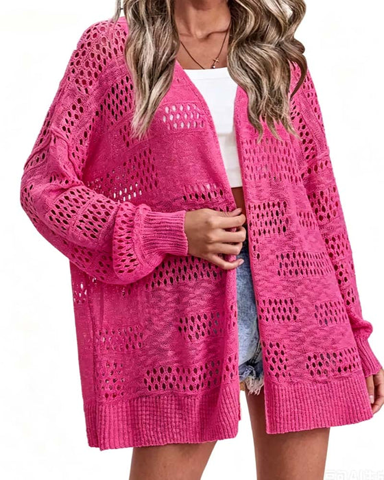 Cardigan Jednolity Kolor Ażurowy Casual