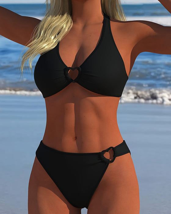 Bikini Halter Serce Klamra Jednolity Kolor