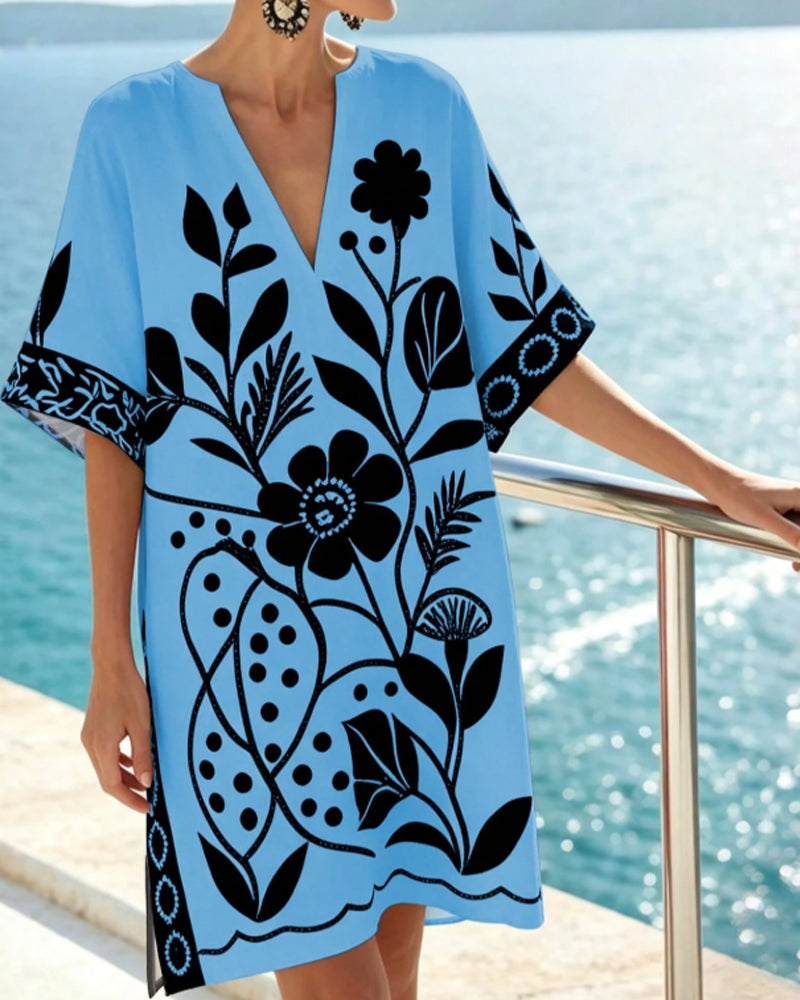 Sukienka Floral Print V Dekolt Rozcięcie