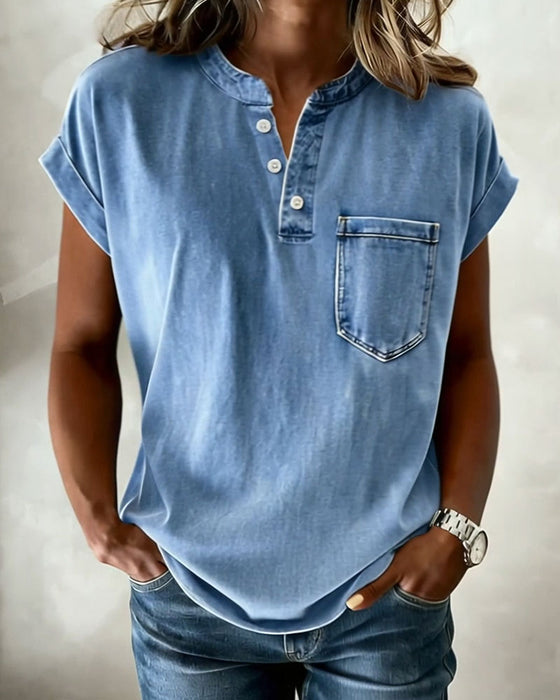 Top Prany Denim Henley Krótki Rękaw