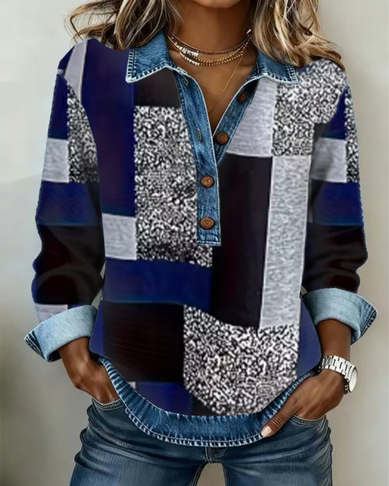 Bluza Dżinsowa Patchwork Print Casual
