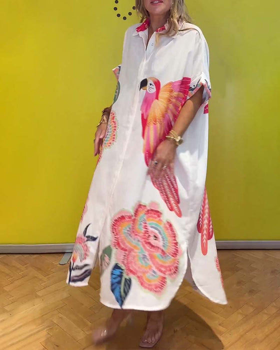 Damska długa sukienka z klapami i nadrukiem