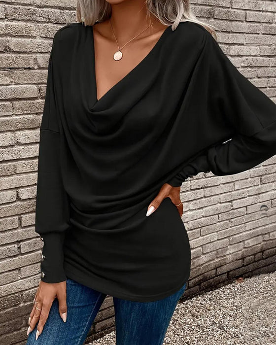 T-Shirt Mock Neck Gładki Guzik Długi Rękaw