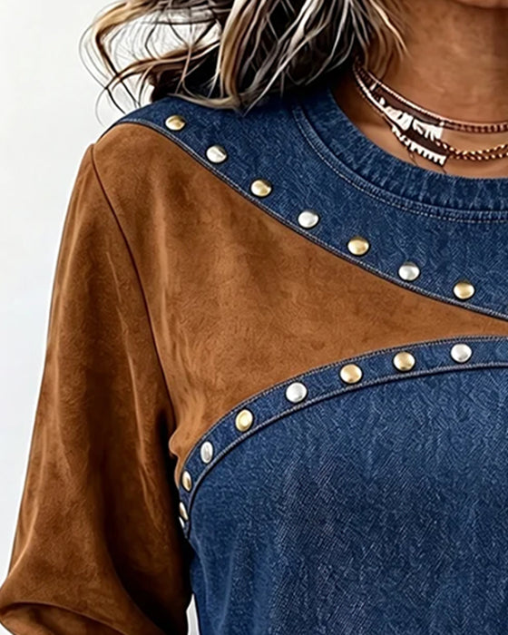Top Okrągły Dekolt Denim Spliced Blok Kolorów
