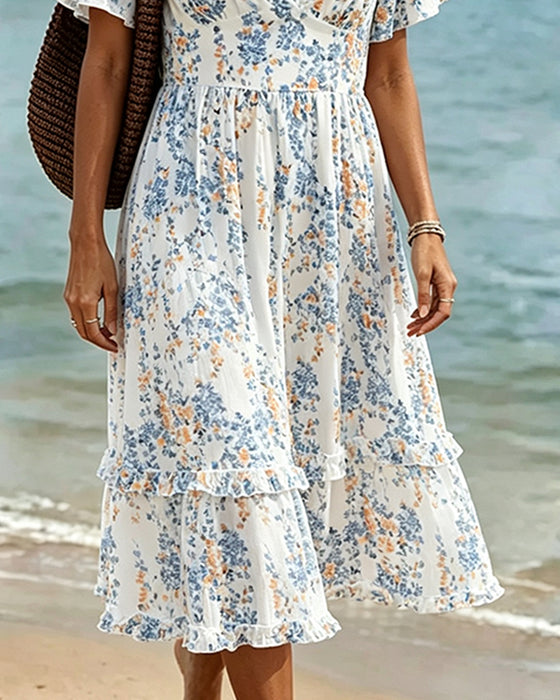 Sukienka Kwiatowy Ruffle V-Szyja Patchwork