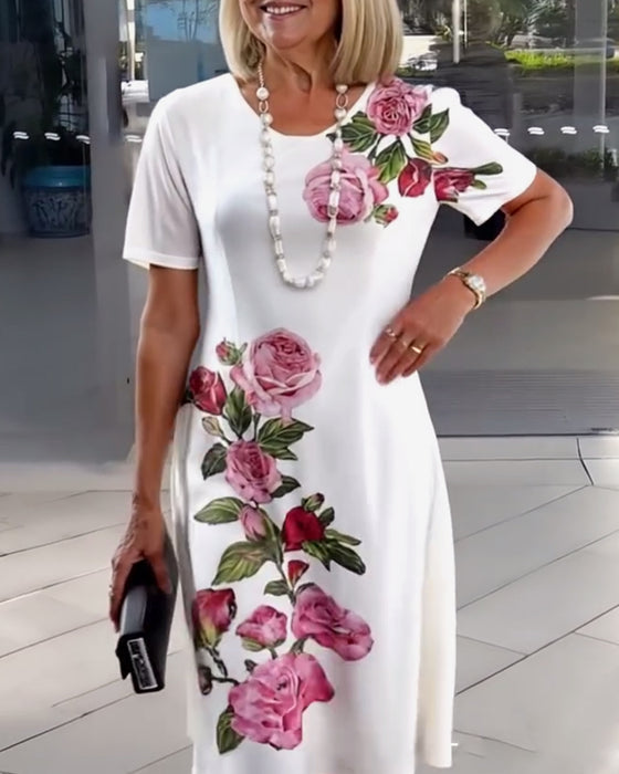 Sukienka Krótki Rękaw Różowy Print Shift