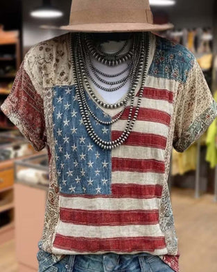 T-Shirt Dekolt W Serek Krótki Rękaw Patchwork
