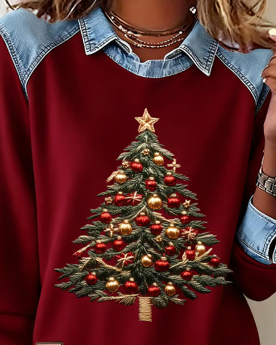 Bluza Z Dżinsu Z Detalami Patchwork I Świątecznym Nadrukiem