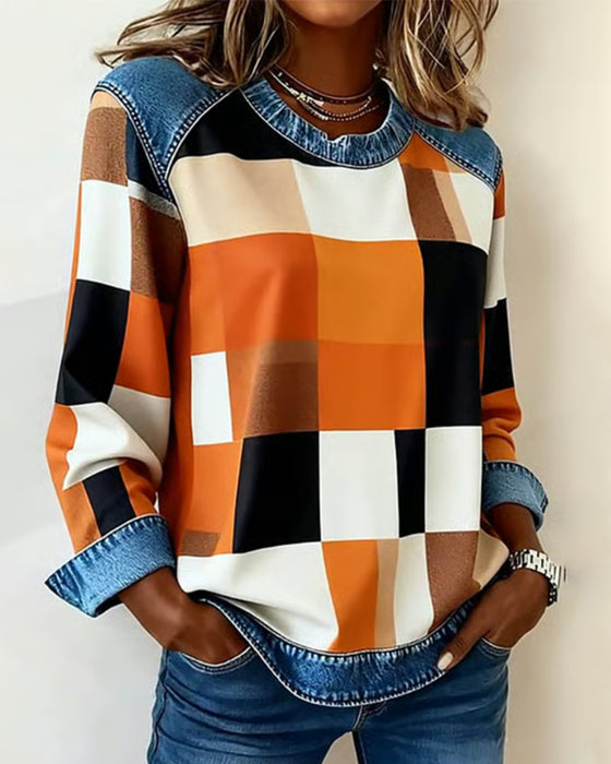 Bluza W Kraciasty Patchwork I Kontrastowym Kolorem