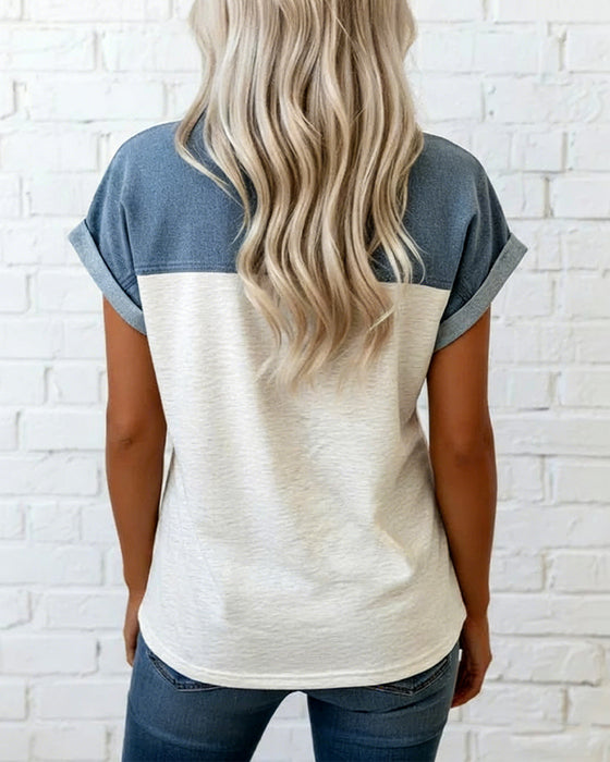 T-Shirt Zapinany Patchwork Wywijany Kołnierz