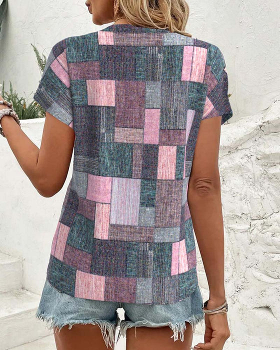 Bluzka Codzienna W Kratkę Z Dekoltem W Serek