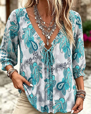 Bluzy Paisley V-Szyja Wiązać