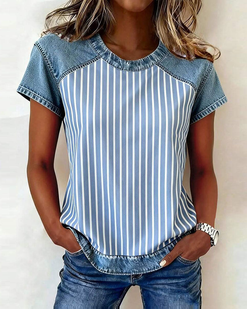 T-Shirt Denim Patchwork W Paski Krótki Rękaw