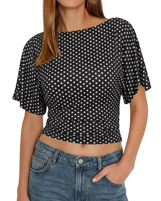 T-Shirt Kropka Przepasujący Okrągły Dekolt Krótki Rękaw
