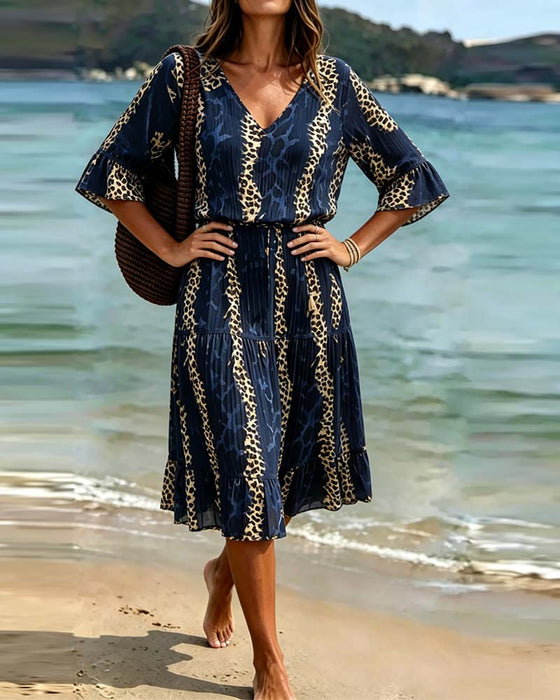 Sukienka V-Szyjka Lampart Patchwork Midi Wakacje