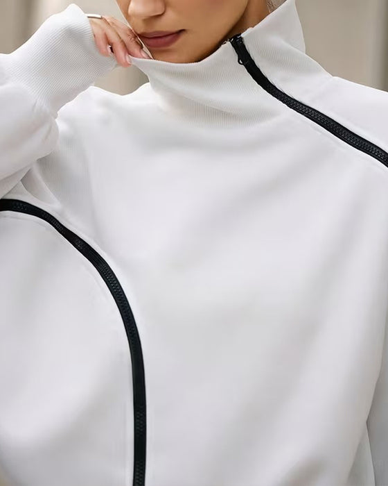Sweatshirt Kołnierz Mock Zamek Błyskawiczny Opadające Ramiona Luźny