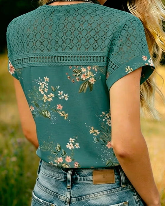 T-Shirt Z Wycięciem Patchwork Krótki Rękaw