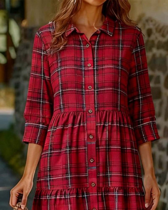 Sukienka Plaid Siedem-Czwarty Rękaw Warstwowy
