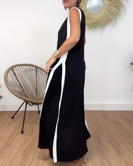 Modna sukienka bez rękawów z kontrastowym nadrukiem i dekoltem w kształcie litery V