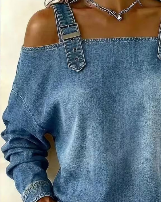 Bluzka Ramiączko Spaghetti Off-Shoulder Denim Metalowy Guzik