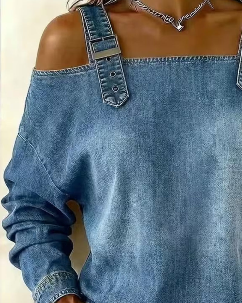 Bluzka Ramiączko Spaghetti Off-Shoulder Denim Metalowy Guzik