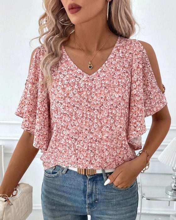 Bluzka V-Szyjka Kwiatowy Off-Shoulder Rękaw Motylkowy