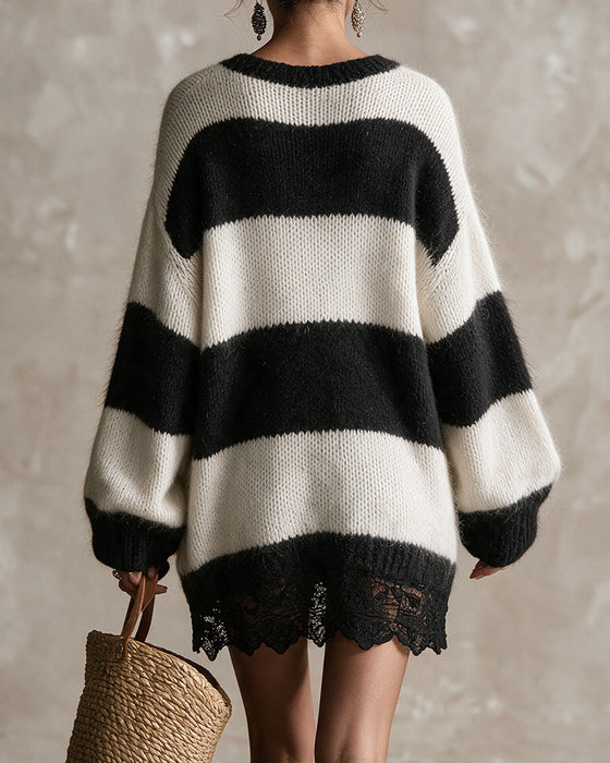 Sweter Sukienka Dekolt W W Paski Koronka Patchwork