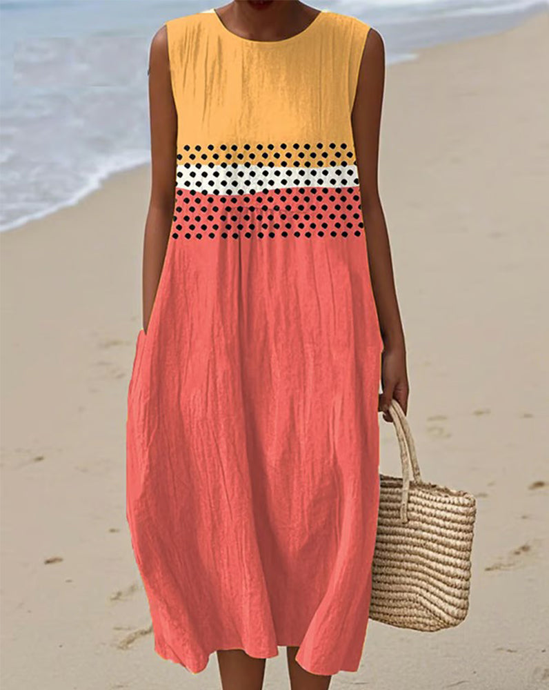 Sukienka W Kropki Okrągły Dekolt Bez Rękawów