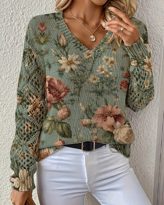 Sweter Jacquard V-Neck Ażurowy Długi Rękaw