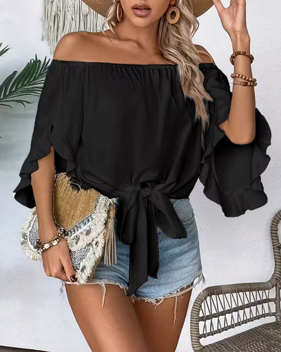 Bluzka Off-Shoulder Kokardka Rozkloszowany Rękaw