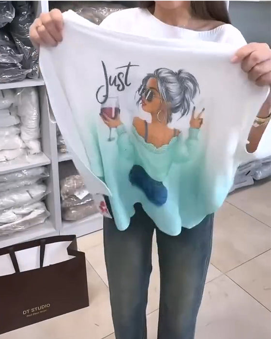 Sweter Gradientowy Nadruk Rękaw Nietoperzowy