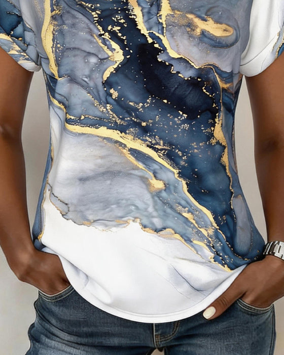 T-Shirt Marmurkowy Druk Dekolt W