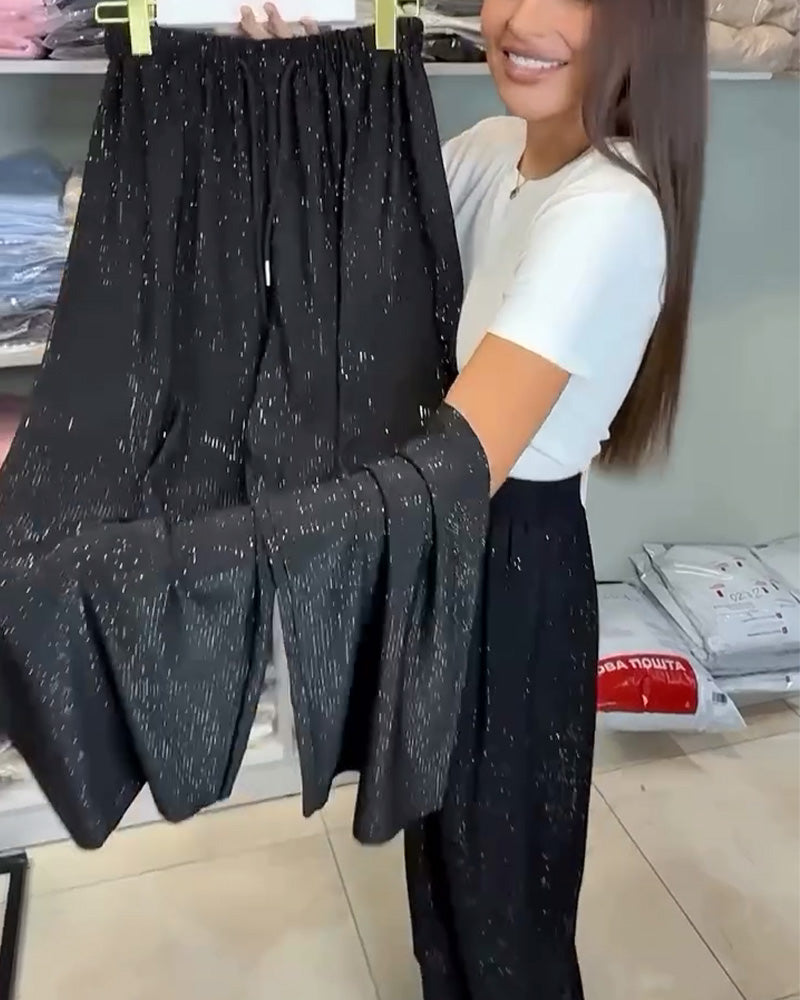 Spodnie Stylowe Wysoki Stan Błyszczący Szerokie Nogawki
