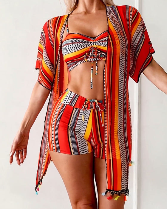 Strój kąpielowy bikini z nadrukiem w stylu resort, trzyczęściowy