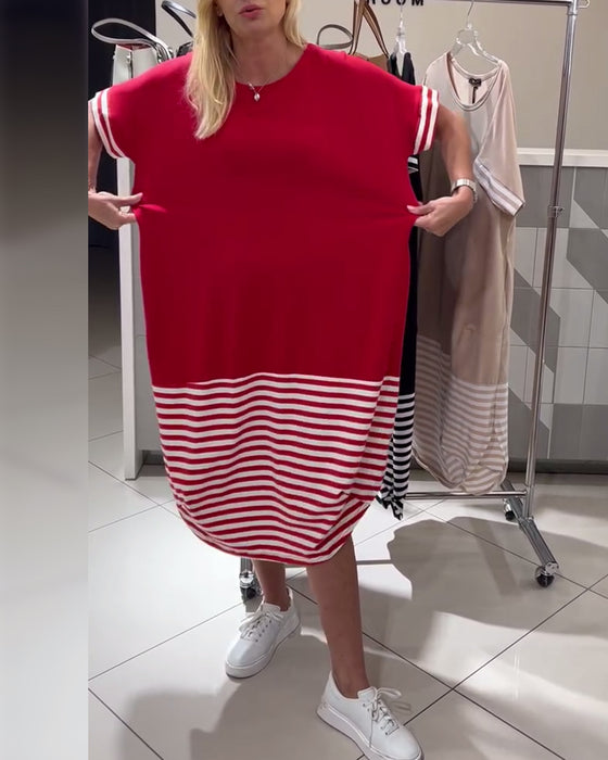 Sukienka Kontrastowe Paski Krótki Rękaw Casual