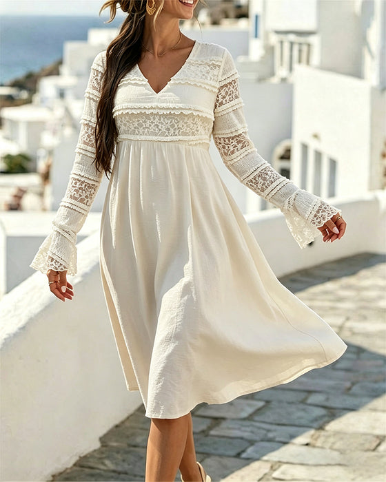Sukienka Jednolity Kolor V-Neck Koronka Patchwork