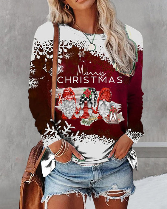 Top z okrągłym dekoltem i bożonarodzeniowym nadrukiem z długim rękawem