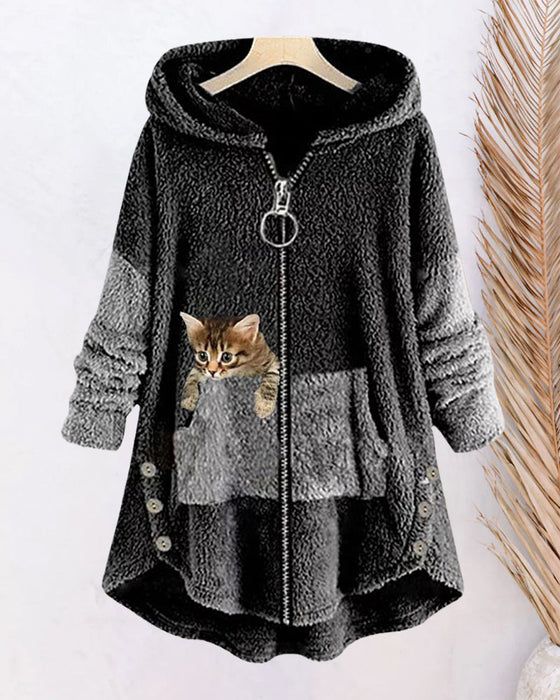 Płaszcz z kapturem i uroczym nadrukiem kota