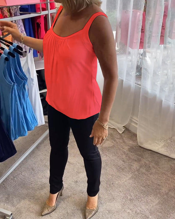 Plisowany solidny swobodny top bez rękawów