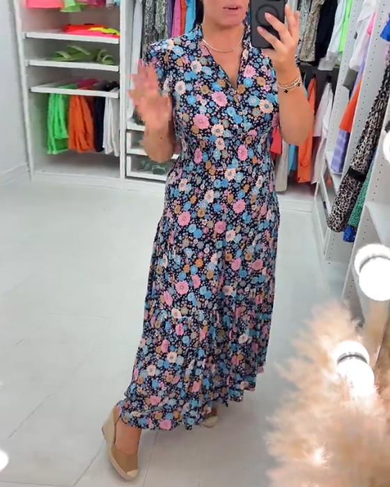 Sukienka bez rękawów w kwiaty z dekoltem w serek