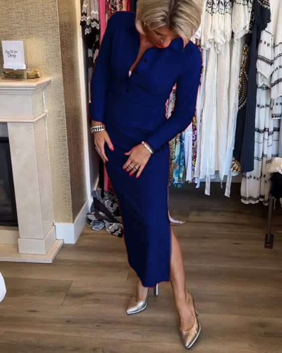 Elegancka sukienka z rozcięciem w jednolitym kolorze