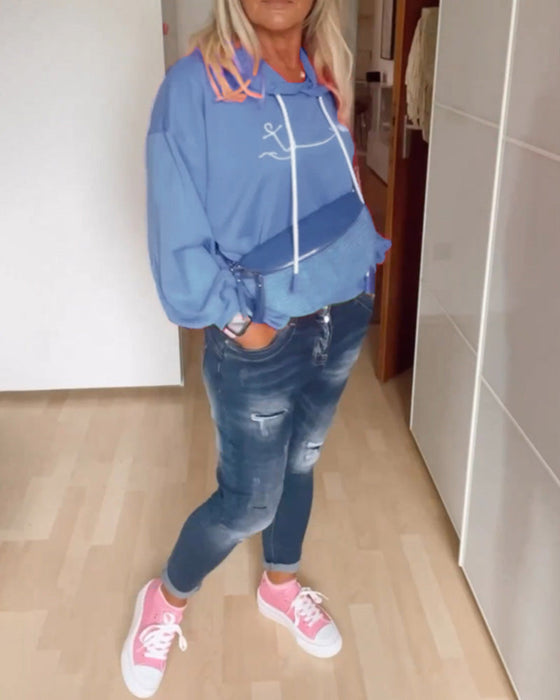 Luźna bluza z kapturem z nadrukiem kotwicy