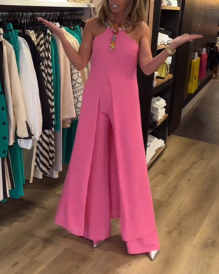 Dwuczęściowy komplet z dekoltem typu halter i rozcięciem w jednolitym kolorze