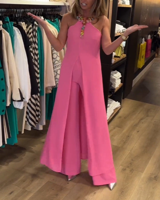 Dwuczęściowy komplet z dekoltem typu halter i rozcięciem w jednolitym kolorze