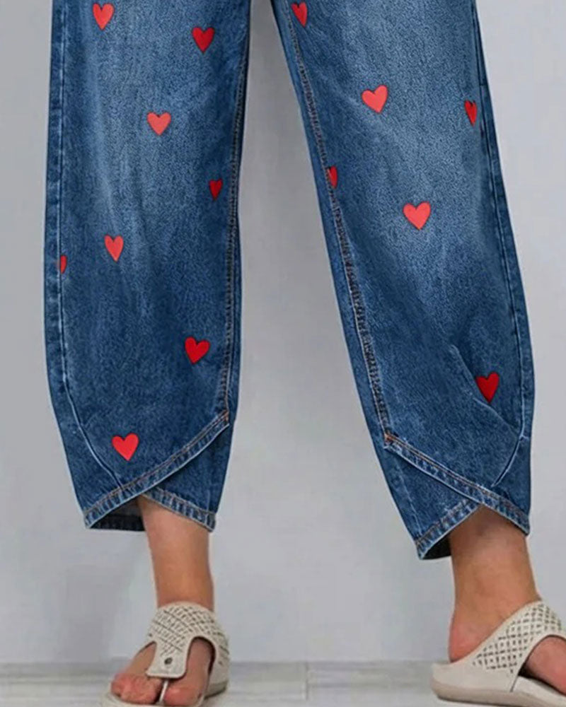 Spodnie Serce Nadruk Denim Kostka