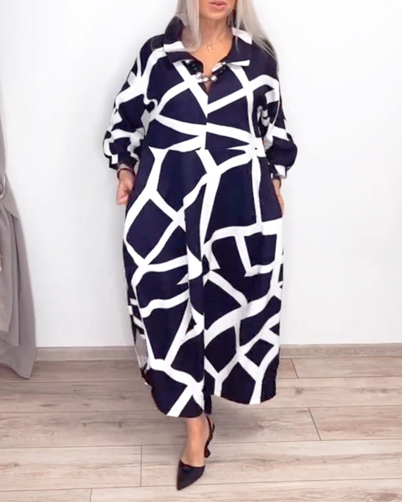 Sukienka Klapki Luźny Druk Geometryczny