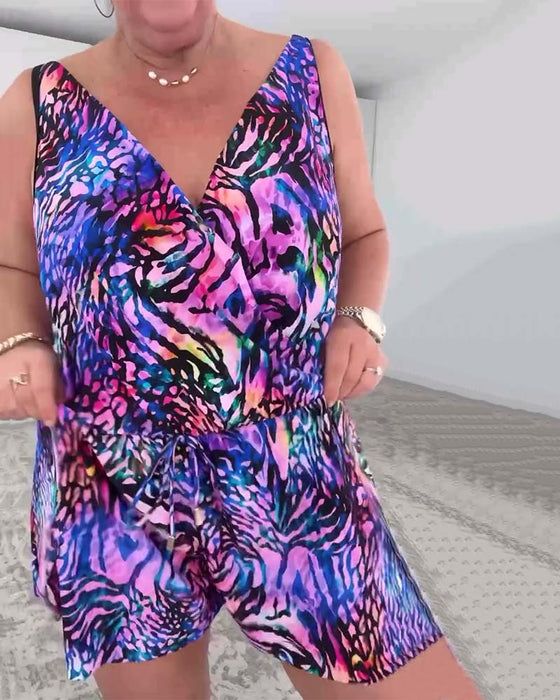 Strój Kąpielowy V-Neck Kolorowy Wzór Jednoczęściowy