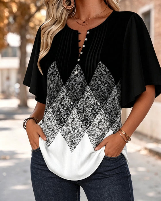 T-Shirt Diamentowa Krata Gradientowy Nadruk Dekolt W Serek